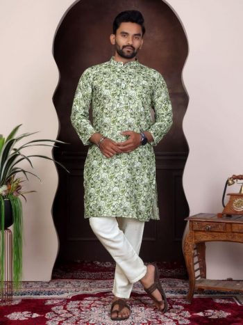 LATEST PURE COTTON DIGITAL PRINTED MEN'S KURTA WITH PAYJAMA MEHNDI