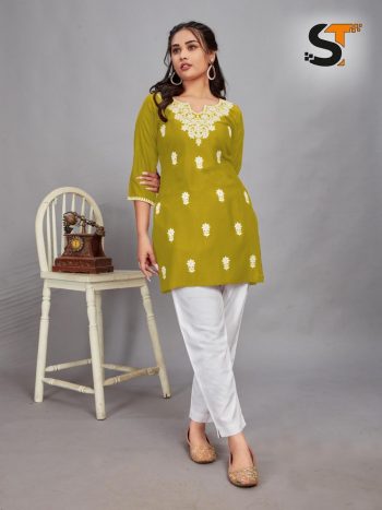 LATEST RAYON EMBROIDERY WORK SHORT KURTI MEHNDI
