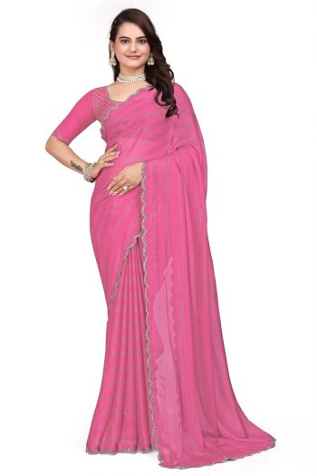 LATEST RIMZIM PATTA HOT FIX SAREE WITH UNSTITCHED BLOUSE BABY PINK