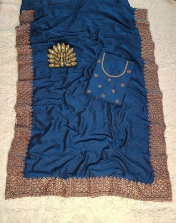 LATEST VICHITRA SILK ZARI WORK WITH SWAROVSKI WORK SAREE WITH UNSTITCHED BLOUSE RAMA