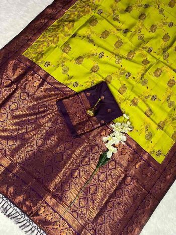 NEW ARRIVAL KANJIVARAM SILK COPPER AND GOLD  ZARI WEAVING WORK SAREE WITH UNSTITCHED BLOUSE  LEMON