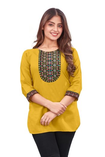 NEW ARRIVAL RAYON EMBROIDERY WORK KURTI YELLOW