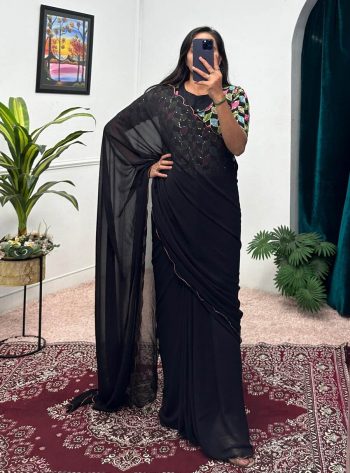TRENDING FAUX GEORGETTE EMBROIDERY WORK READY TO WEAR GOWN SAREE WITH WAIST BELT BLACK