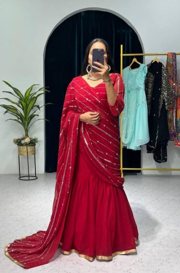 DESIGNER FAUX GEORGETTE EMBROIDERY AND REAL PEARL MOTI WORK LEHENGA SAREE WITH EMBROIDED DUPATTA AND FULL STITCHED BLOUSE MAROON