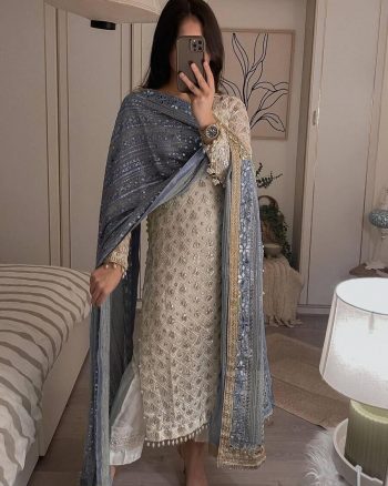 ATTRACTIVE GEORGETTE SEQUENCE EMBROIDERY WORK TOP PANT WITH DUPATTA GREY