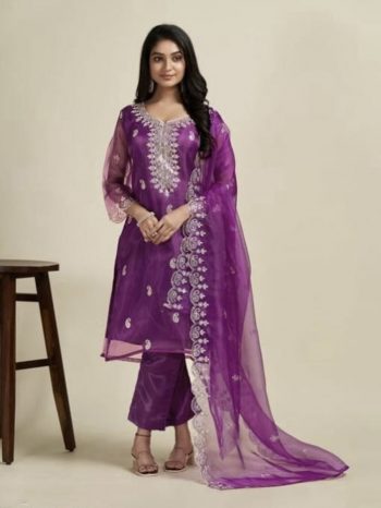 DESIGNER ORGANZA EMBROIDERY WORK TOP BOTTOM WITH DUPATTA WINE