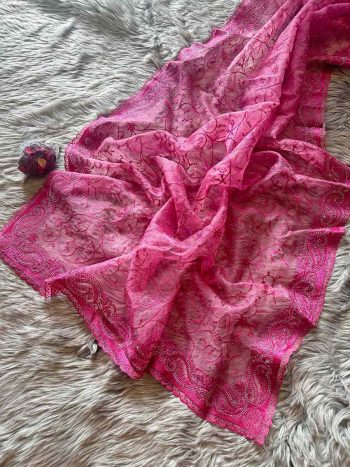 DESIGNER ORGANZA SILK EMBROIDERY THREAD SPARKLING HOTFIX DIAMOND WORK SAREE WITH UNSTITCHED BLOUSE PINK
