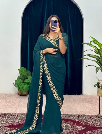 FANCY GEORGETTE FLAIRED LACE WORK GOWN SAREE WITH ATTACHED PALLU GREEN