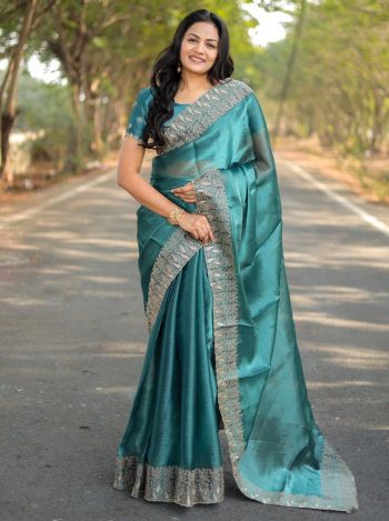 LATEST JIMMY CHOO EMBROIDERY WORK BORDER WITH CUT WORK SAREE WITH UNSTITCHED BLOUSE SKY