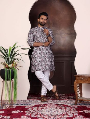 LATEST PURE COTTON DIGITAL PRINTED MEN'S KURTA WITH PAYJAMA GREY