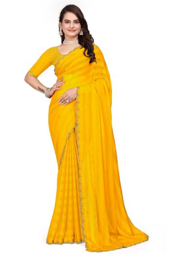 LATEST RIMZIM PATTA HOT FIX SAREE WITH UNSTITCHED BLOUSE YELLOW