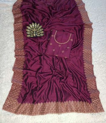 LATEST VICHITRA SILK ZARI WORK WITH SWAROVSKI WORK SAREE WITH UNSTITCHED BLOUSE WINE