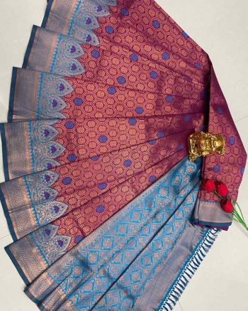 NEW ARRIVAL KANJIVARAM SILK COPPER AND GOLD  ZARI WEAVING WORK SAREE WITH UNSTITCHED BLOUSE MAROON