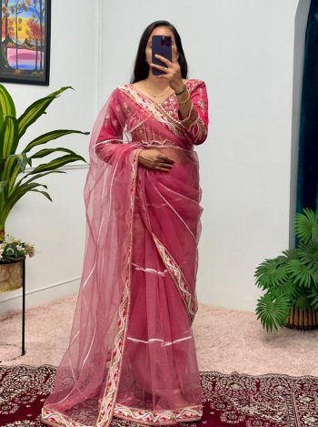 TRENDING BUTTERFLY NET EMBROIDERY SEQUENCE PEARL MOTI WORK SAREE WITH UNSTITCHED BLOUSE PINK