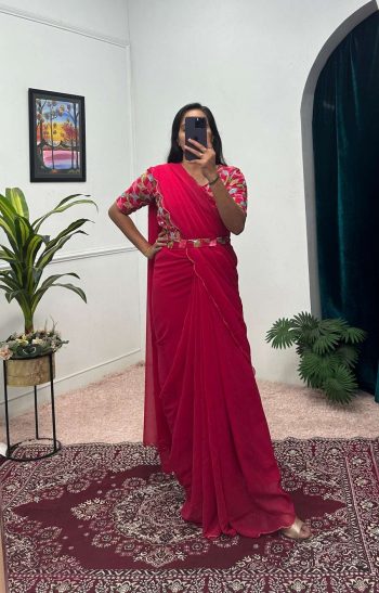 TRENDING FAUX GEORGETTE EMBROIDERY WORK READY TO WEAR GOWN SAREE WITH WAIST BELT RANI
