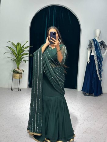 DESIGNER FAUX GEORGETTE EMBROIDERY AND REAL PEARL MOTI WORK LEHENGA SAREE WITH EMBROIDED DUPATTA AND FULL STITCHED BLOUSE GREEN