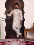 LATEST PURE COTTON DIGITAL PRINTED MEN'S KURTA WITH PAYJAMA CREAM
