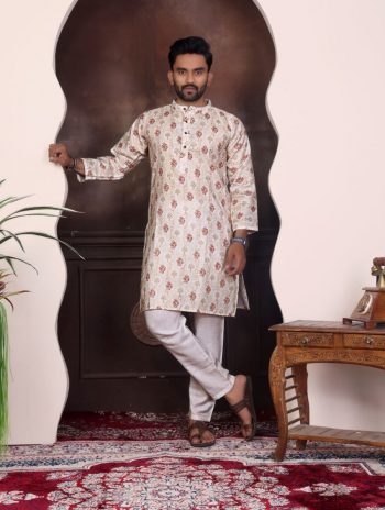 LATEST PURE COTTON DIGITAL PRINTED MEN'S KURTA WITH PAYJAMA CREAM