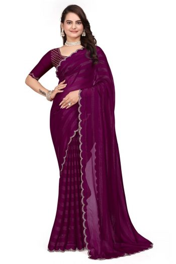 LATEST RIMZIM PATTA HOT FIX SAREE WITH UNSTITCHED BLOUSE WINE