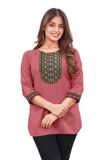 NEW ARRIVAL RAYON EMBROIDERY WORK KURTI PEACH