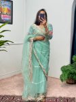 TRENDING BUTTERFLY NET EMBROIDERY SEQUENCE PEARL MOTI WORK SAREE WITH UNSTITCHED BLOUSE SKY