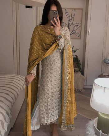 ATTRACTIVE GEORGETTE SEQUENCE EMBROIDERY WORK TOP PANT WITH DUPATTA YELLOW