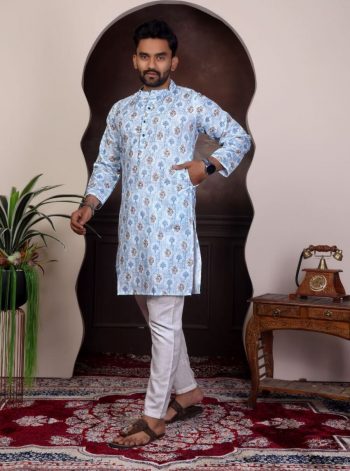 LATEST PURE COTTON DIGITAL PRINTED MEN'S KURTA WITH PAYJAMA SKY