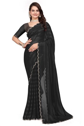 LATEST RIMZIM PATTA HOT FIX SAREE WITH UNSTITCHED BLOUSE BLACK