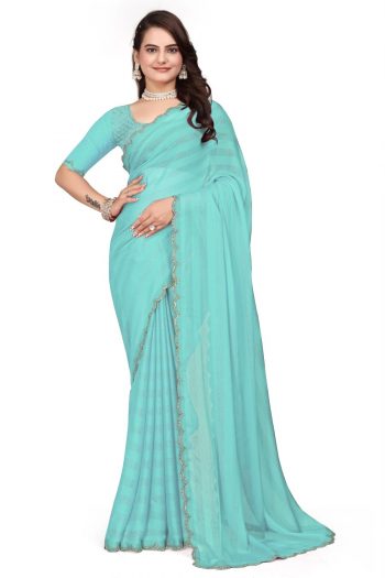 LATEST RIMZIM PATTA HOT FIX SAREE WITH UNSTITCHED BLOUSE SKY