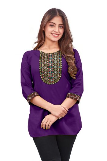NEW ARRIVAL RAYON EMBROIDERY WORK KURTI PURPULE
