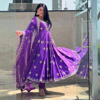 ATTRACTIVE CHINON SILK EMBROIDERY WORK GOWN PANT WITH DUPATTA PURPLE