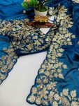 ATTRACTIVE RANGOLI SILK CODING EMBROIDERY WORK SAREE WITH STITCHED   BLOUSE BLUE