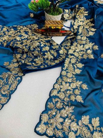 ATTRACTIVE RANGOLI SILK CODING EMBROIDERY WORK SAREE WITH STITCHED   BLOUSE BLUE
