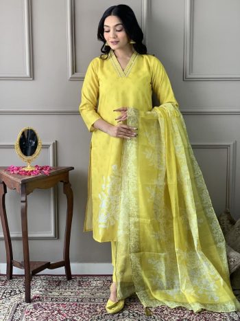 ATTRACTIVE RAYON SEQUENCE EMBROIDERY WORK TOP BOTTOM WITH DUPATTA LEMON