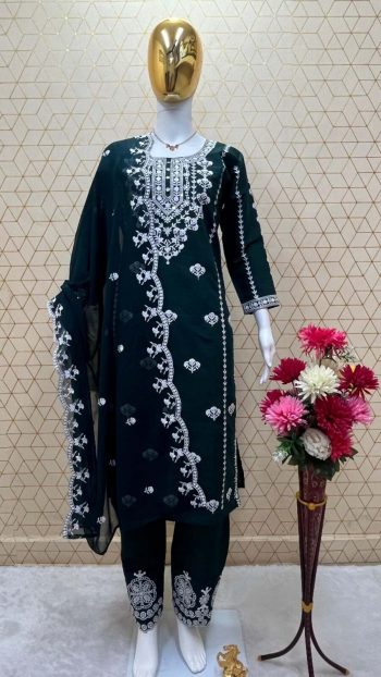 ATTRACTIVE ROMAN SILK EMBROIDERY SEQUENCE WORK TOP BOTTOM WITH DUPATTA GREEN