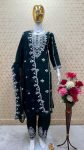 ATTRACTIVE ROMAN SILK EMBROIDERY SEQUENCE WORK TOP BOTTOM WITH DUPATTA GREEN