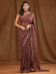 ATTRACTIVE VICHITRA SILK FLORAL DIGITAL PRINTED EMBROIDERY WORK SAREE WITH UNSTITCHED BLOUSE MAROON