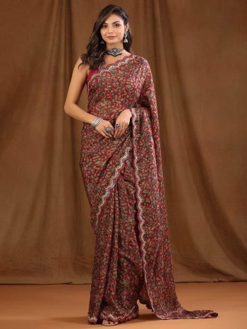 ATTRACTIVE VICHITRA SILK FLORAL DIGITAL PRINTED EMBROIDERY WORK SAREE WITH UNSTITCHED BLOUSE MAROON