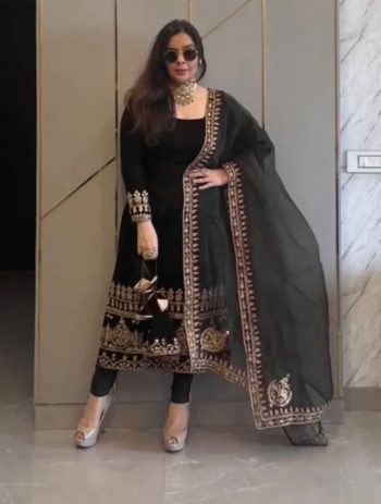 ATTRACTIVE VISCOSE VELVET EMBROIDERY SEQUENCE  WORK TOP BOTTOM WITH DUPATTA BLACK