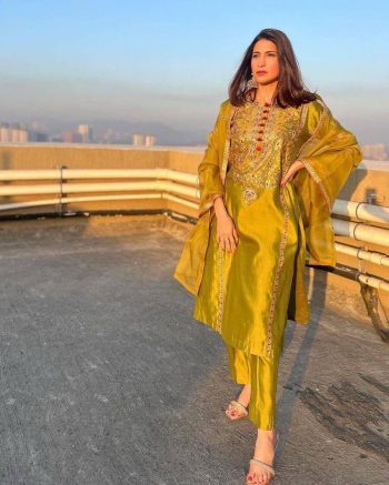 ATTRACTIVE CHINON SILK EMBROIDERY WORK TOP BOTTOM WITH DUPATTA LEMON