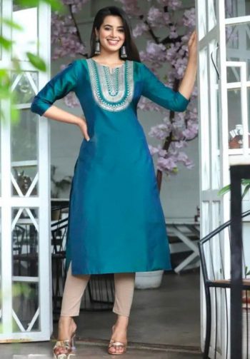 DESIGNER ART SILK EMBROIDERY WORK ONLY KURTI  SKY
