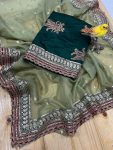 DESIGNER BANARASI CRUSH SEQUENCE EMBROIDERY WORK SAREE WITH UNSTITCHED BLOUSE PISTA