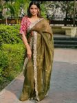DESIGNER CANDY CRUSH SEQUENCE EMBROIDERY CONTRAST PALLU WORK SAREE WITH UNSTITCHED BLOUSE MEHNDI