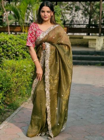 DESIGNER CANDY CRUSH SEQUENCE EMBROIDERY CONTRAST PALLU WORK SAREE WITH UNSTITCHED BLOUSE MEHNDI
