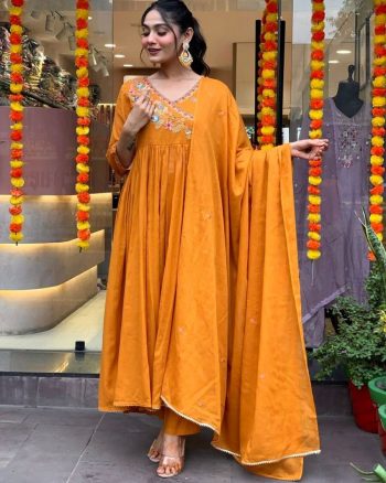 DESIGNER CHANDERI SILK EMBROIDERY WORK TOP BOTTOM WITH DUPATTA YELLOW