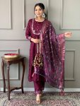 DESIGNER CHANDERI SILK SEQUENCE EMBROIDERY WORK TOP BOTTOM WITH DUPATTA WINE