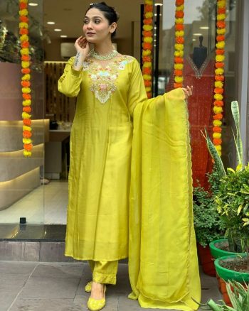 DESIGNER CHANDERI SILK THREAD EMBROIDERY SEQUENCE WORK TOP BOTTOM WITH DUPATTA LEMON