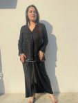 DESIGNER CHINON CREPE LINING AND ORIGINAL MIRROR LACE WORK TOP WITH DRAPE SKIRT BLACK