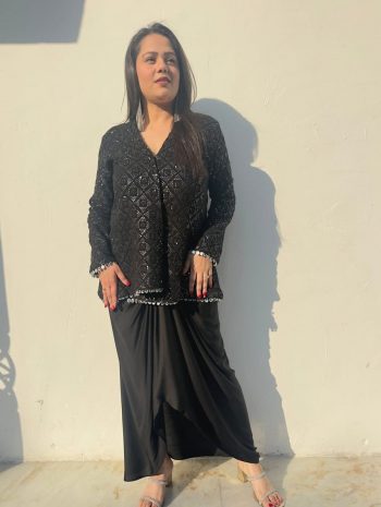 DESIGNER CHINON CREPE LINING AND ORIGINAL MIRROR LACE WORK TOP WITH DRAPE SKIRT BLACK