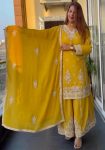 DESIGNER CHINON EMBROIDERY CODING SEQUENCE WORK TOP PALAZZO WITH DUPATTA YELLOW
